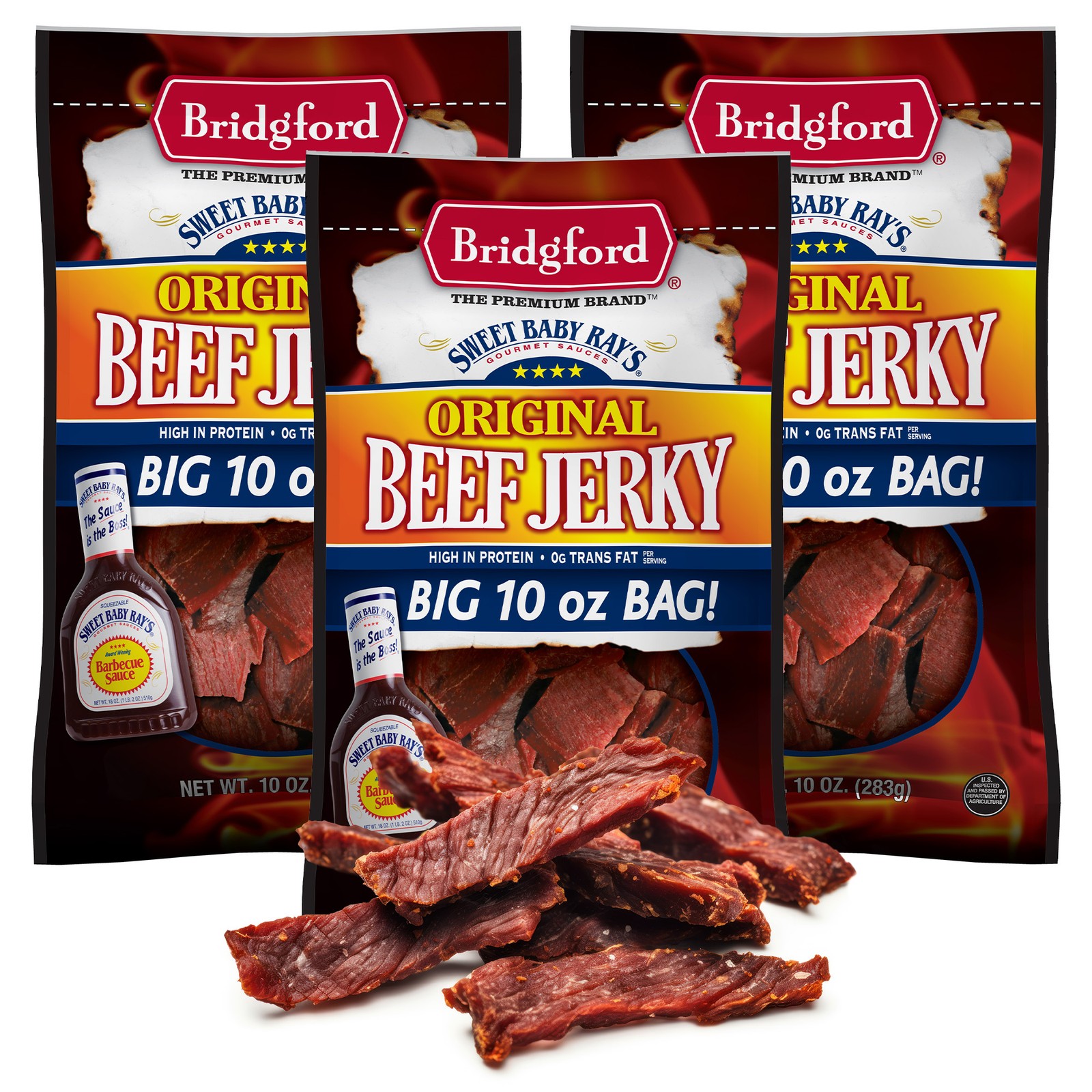 Bridgford Sweet Baby Ray’s High Protein Beef Jerky, 10 oz (Pack of 3)