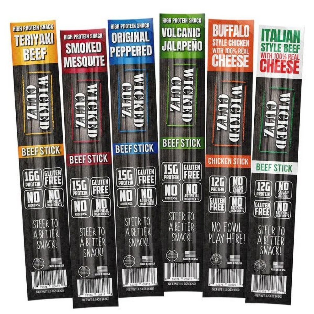 Beef Jerky Sticks Variety Pack of 18 High Protein Snacks 6 Flavors Assortment