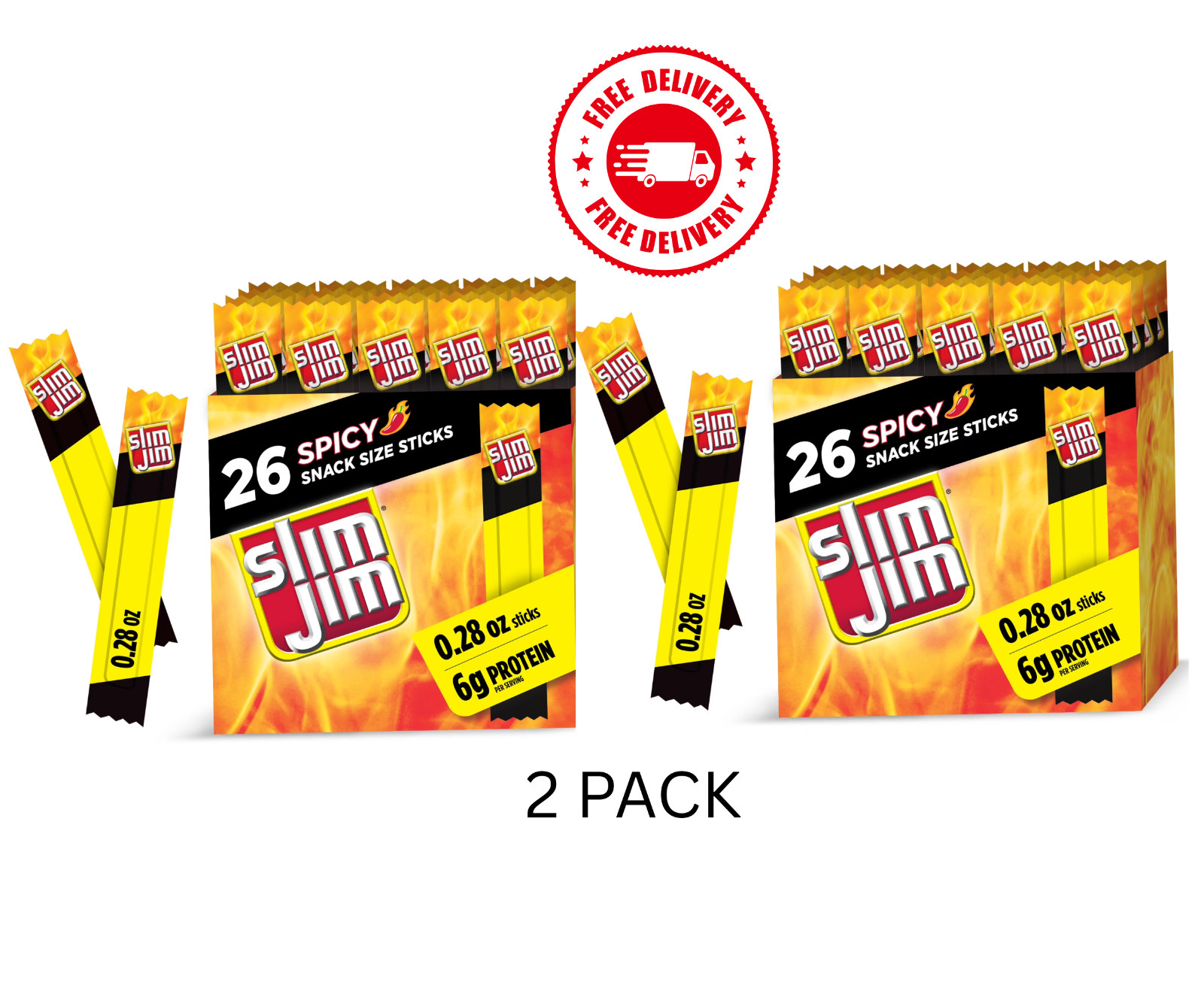 Slim Jim Smoked Meat Sticks,Spicy Flavor,6g Protein (26 Count) 2 PACK