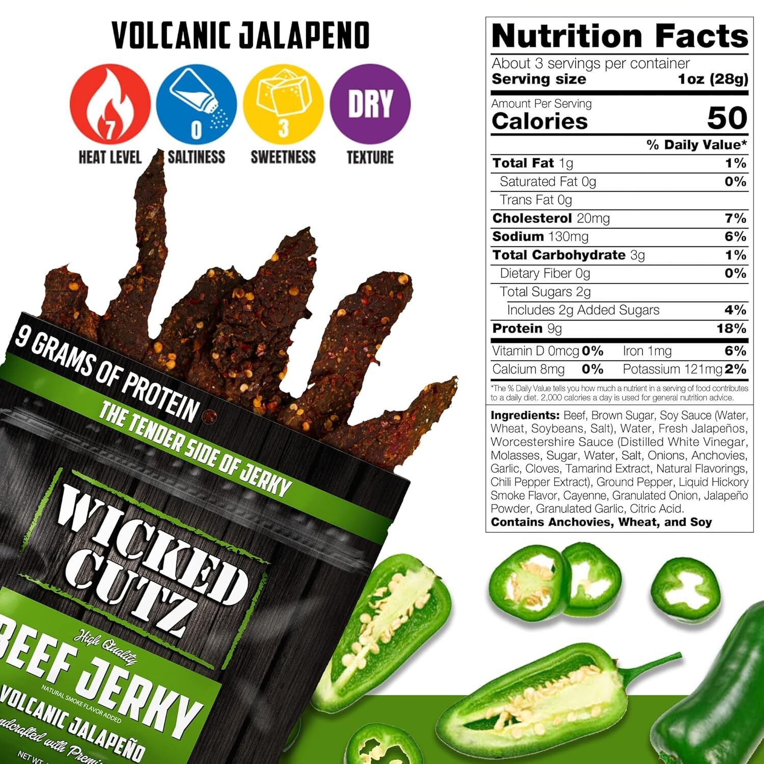 Wicked Cutz – Premium High Protein (27g) Beef Jerky – Jalapeno Peppers (2-Pack)