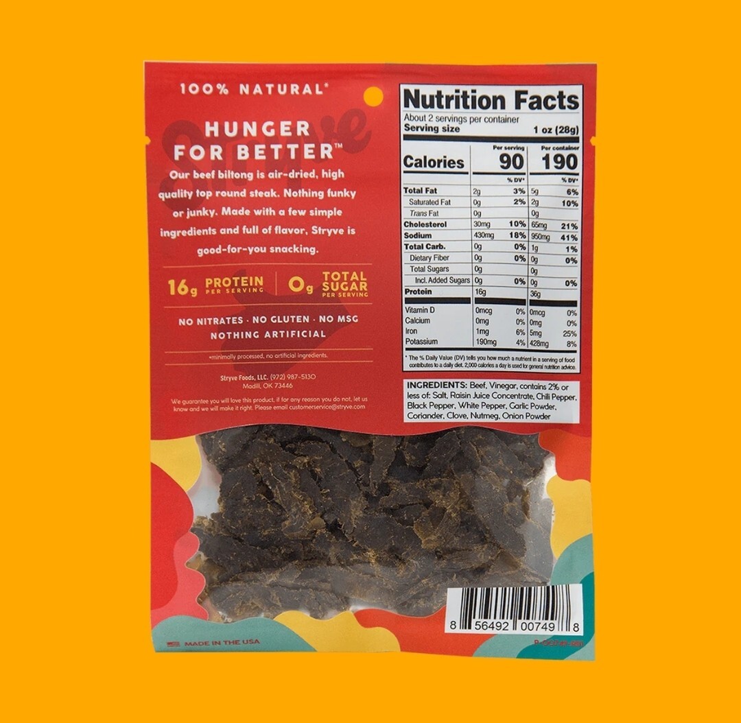 Stryve BILTONG Spicy Peri Peri 100% All Natural Beef W/ 16g Protein Steak Jerkey