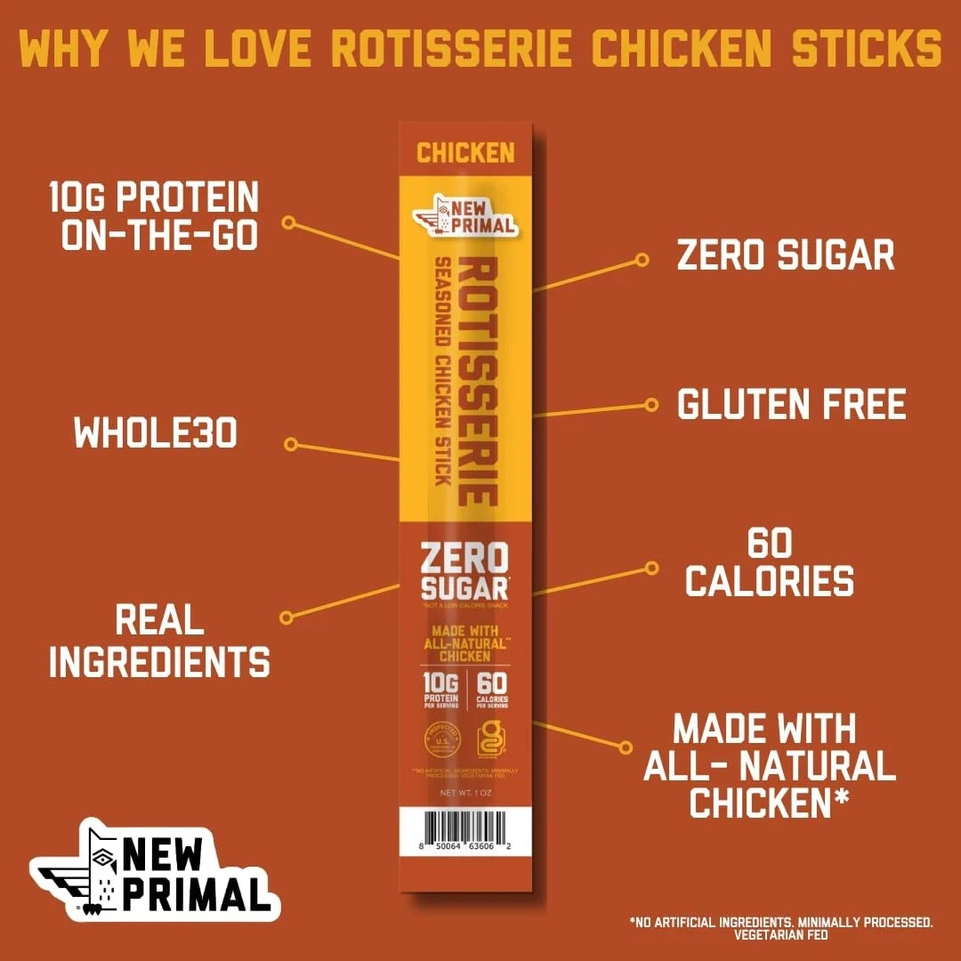 Primal Rotisserie Chicken Sticks, 0 Sugar High Protein Snack Gluten Free 10ct