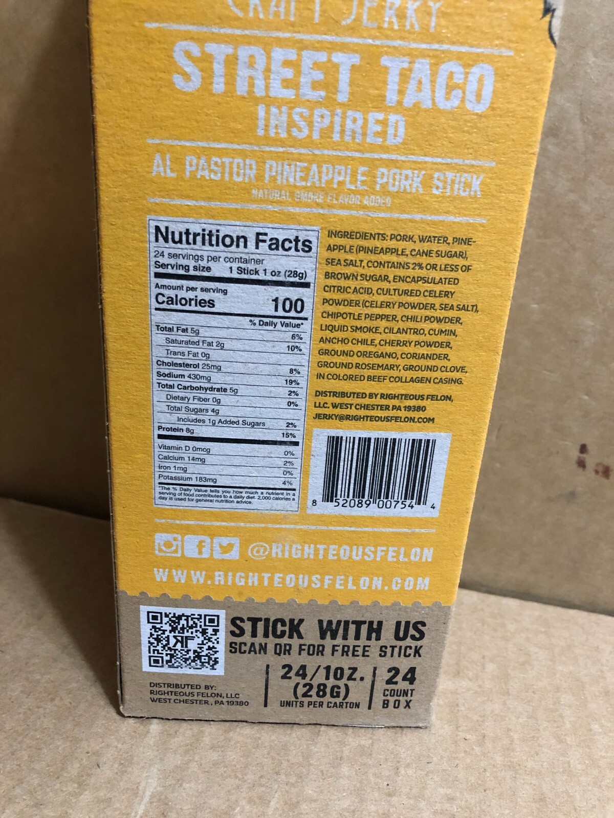 Righteous Felon STREET TACO Beef Stick 1oz (24ct)