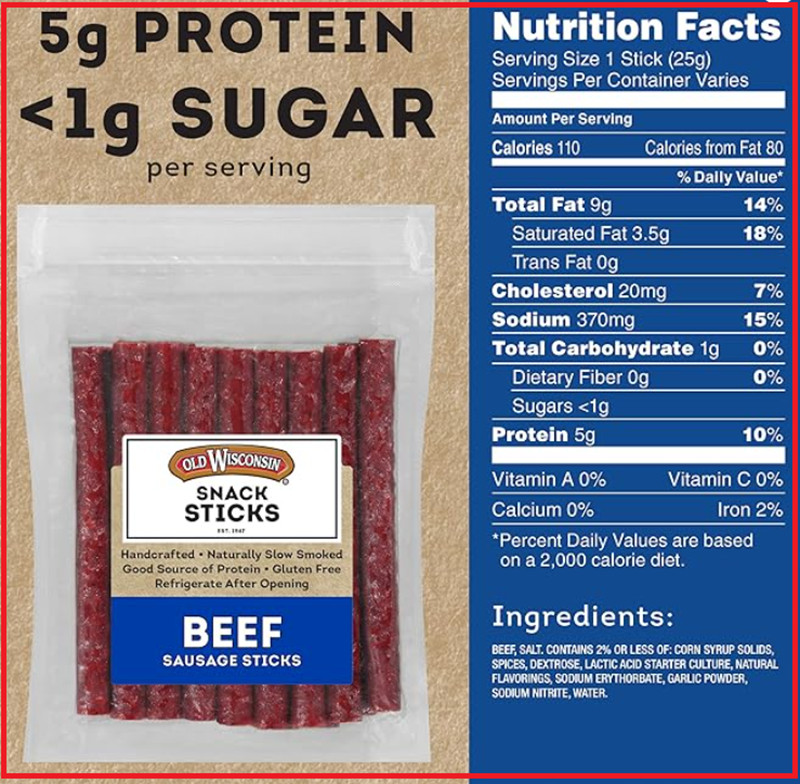 Old Wisconsin Beef Sausage Snack Sticks, Naturally Smoked, Ready to Eat, 14oz