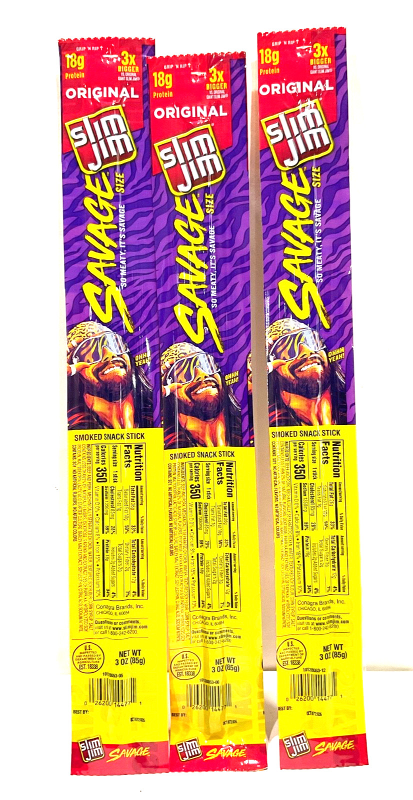Lot of 3 Slim Jim Ohhh~yeah Savage Original Flavor Smoked Meat snack stick
