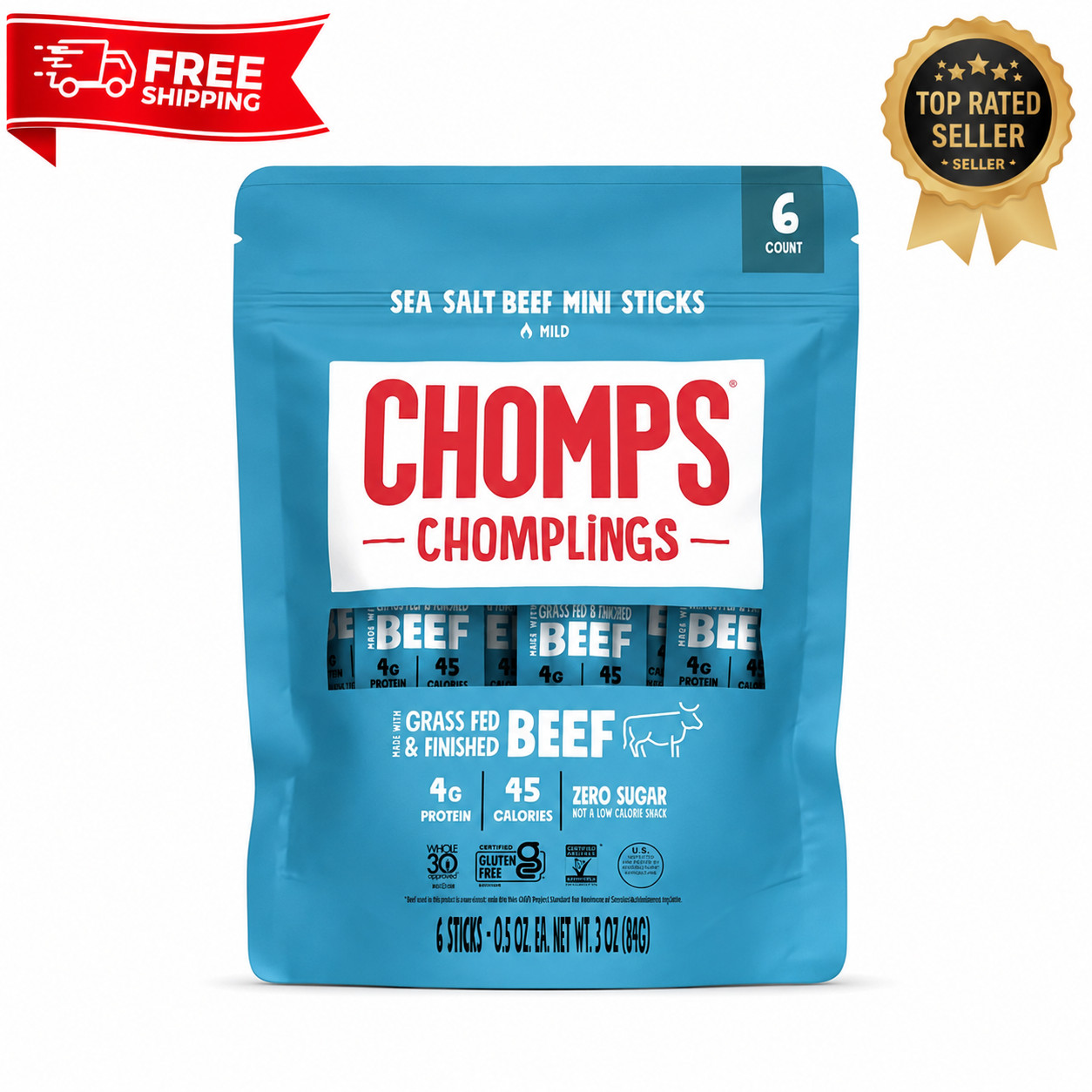 Chomps Chomplings Sea Salt Beef Mini Jerky Sticks 6 Count Grass Fed Zero Sugar