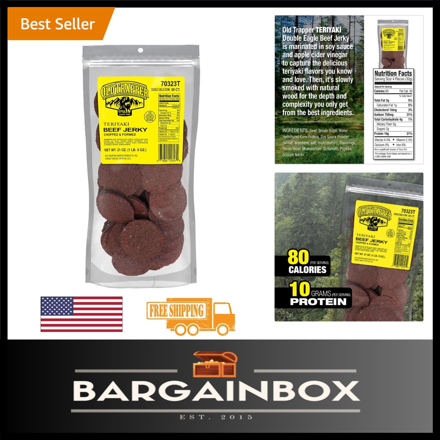 Natural Wood Smoked Teriyaki Beef Jerky – 21oz, 80 Pieces Packed with Protein