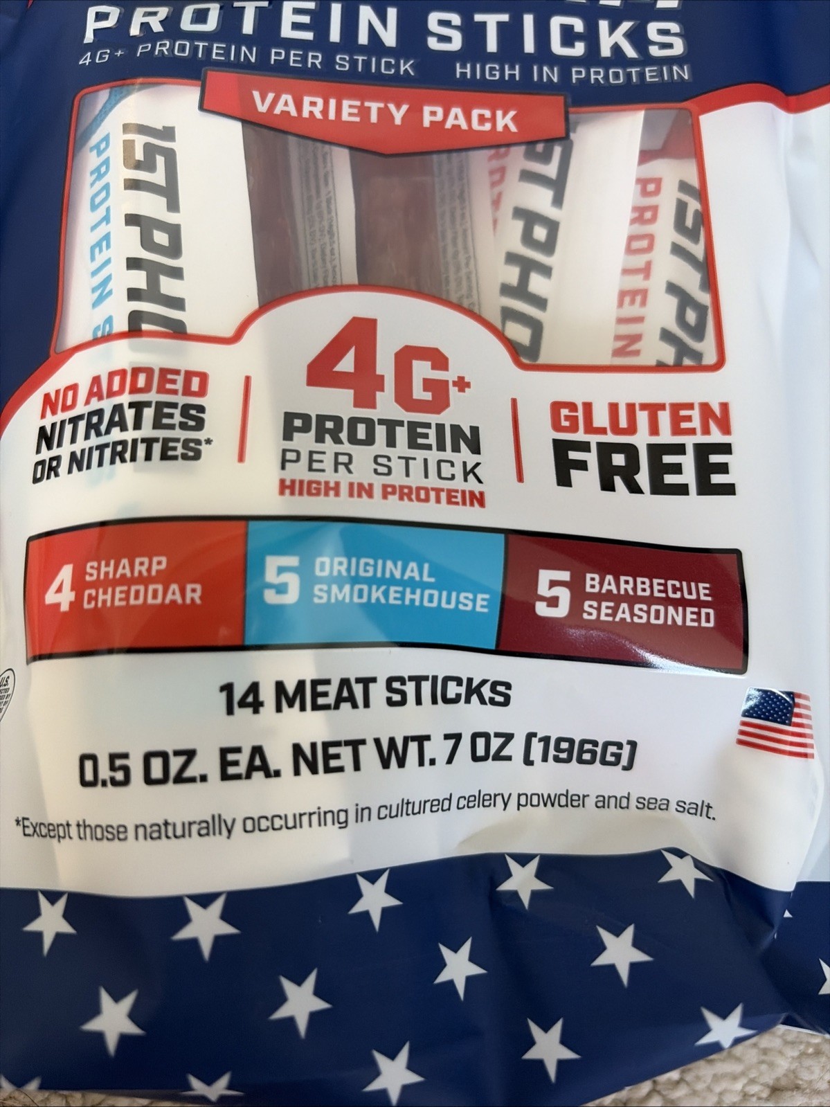 6 Pack 1st Phorm Sharp Cheddar, Original, BBQ Protein 84 Total Mini Meat Sticks