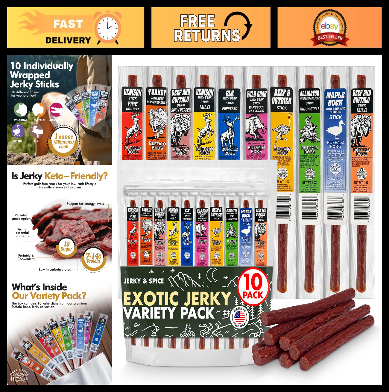 Exotic Meat Sticks Variety Pack (10-Pack) | Savory Jerky Snacks for Camping, Hun