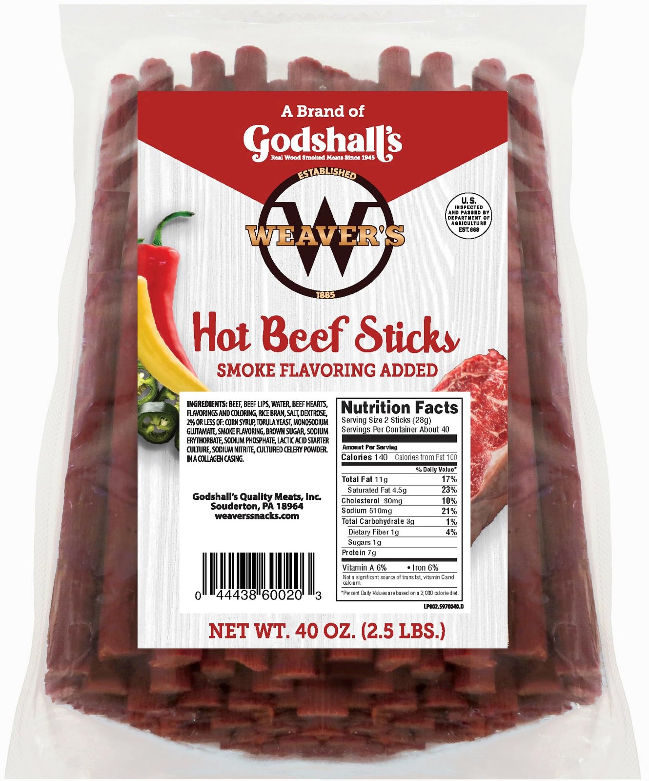 Weaver’s Hot Beef Sticks 80 hot spicy 7” beef sticks per 40oz bag