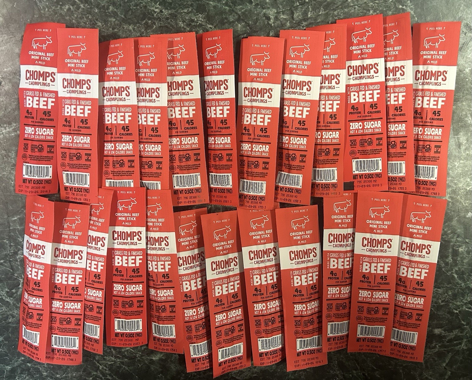 24-CHOMPS Original Beef Mini Sticks Mild Zero Sugar Grass Fed 0.5oz BB-10/2026
