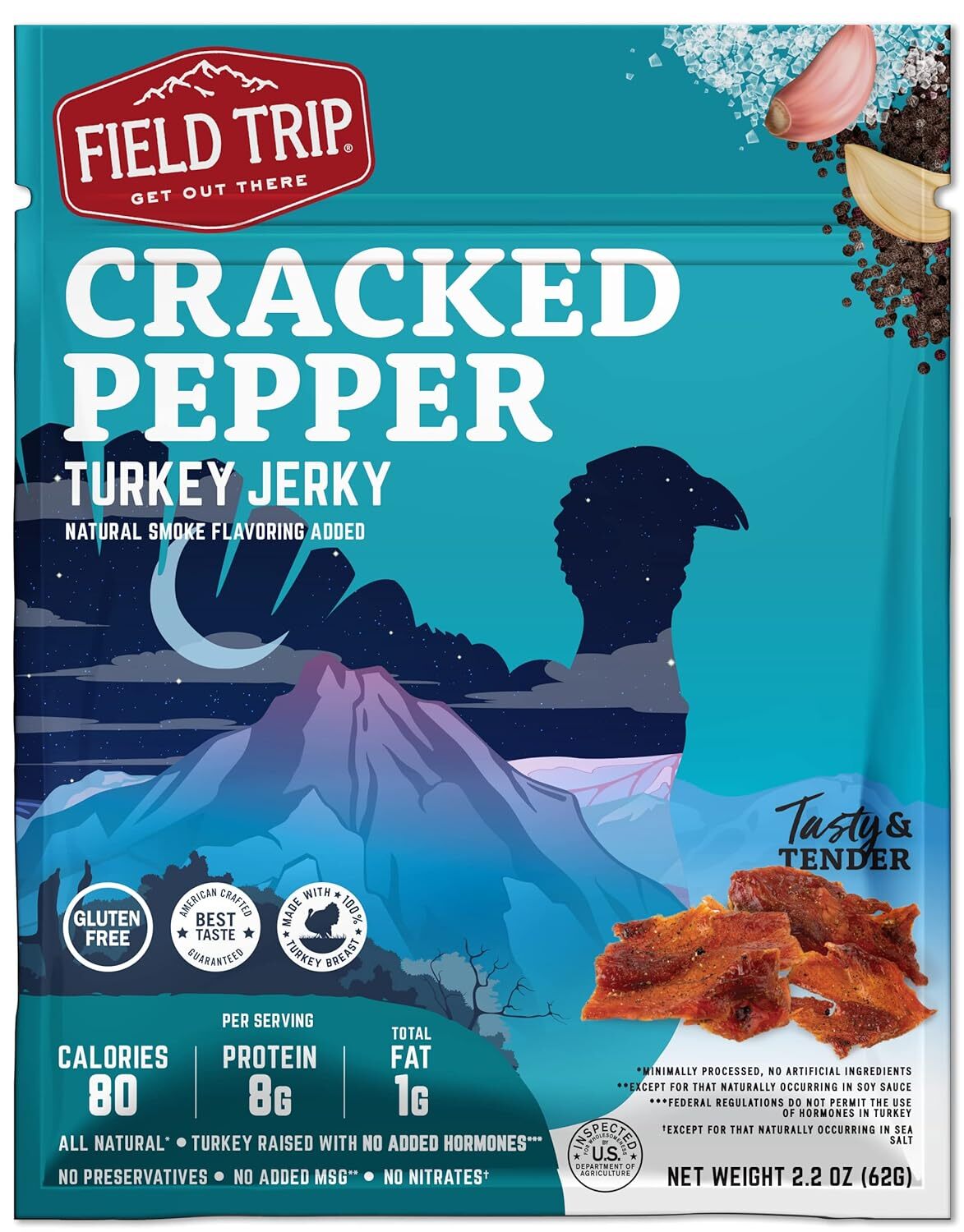 Field Trip Turkey Jerky Gluten Free Low Fat Cracked Pepper 2.2 oz