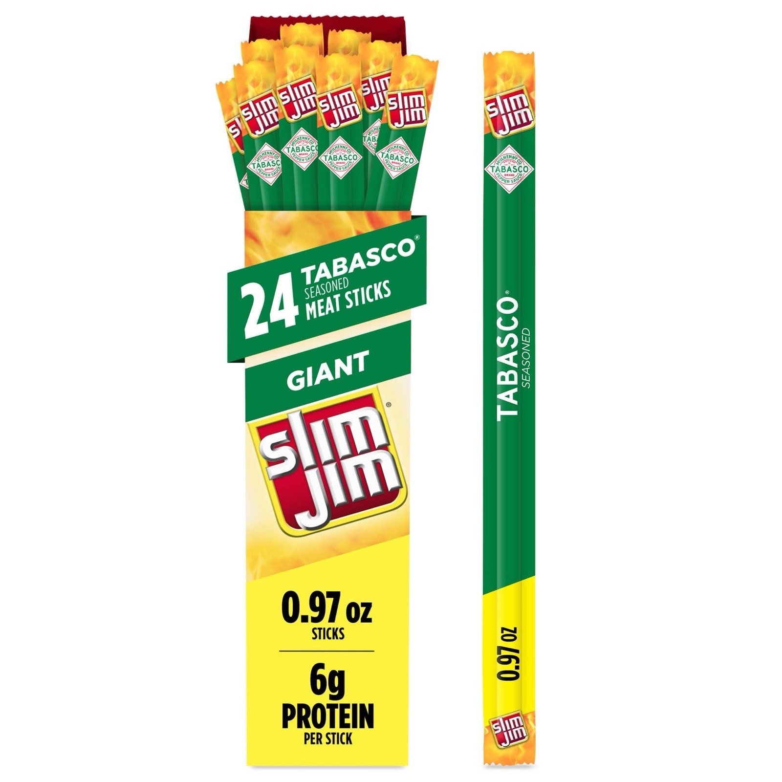 Slim Jim Giant Smoked🔥Meat Sticks, Tabasco 🥩 0.97 oz. (24 Count)