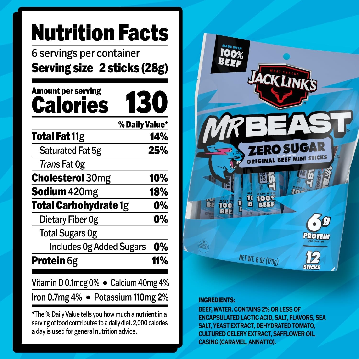 MrBeast Zero Sugar Mini Beef Jerky Sticks – 6g Protein | 12 Individually Wrapped