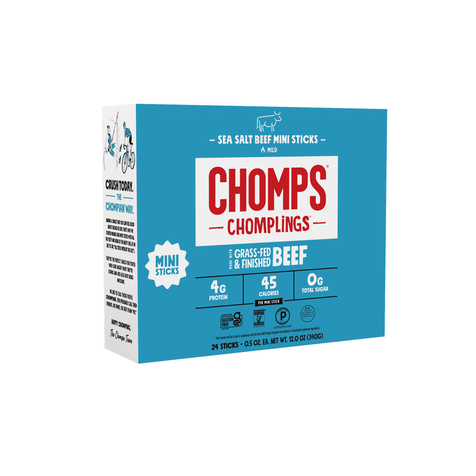 Chomplings Grass-Fed & Finished Sea Salt Beef Jerky Mini Snack Sticks 4g of