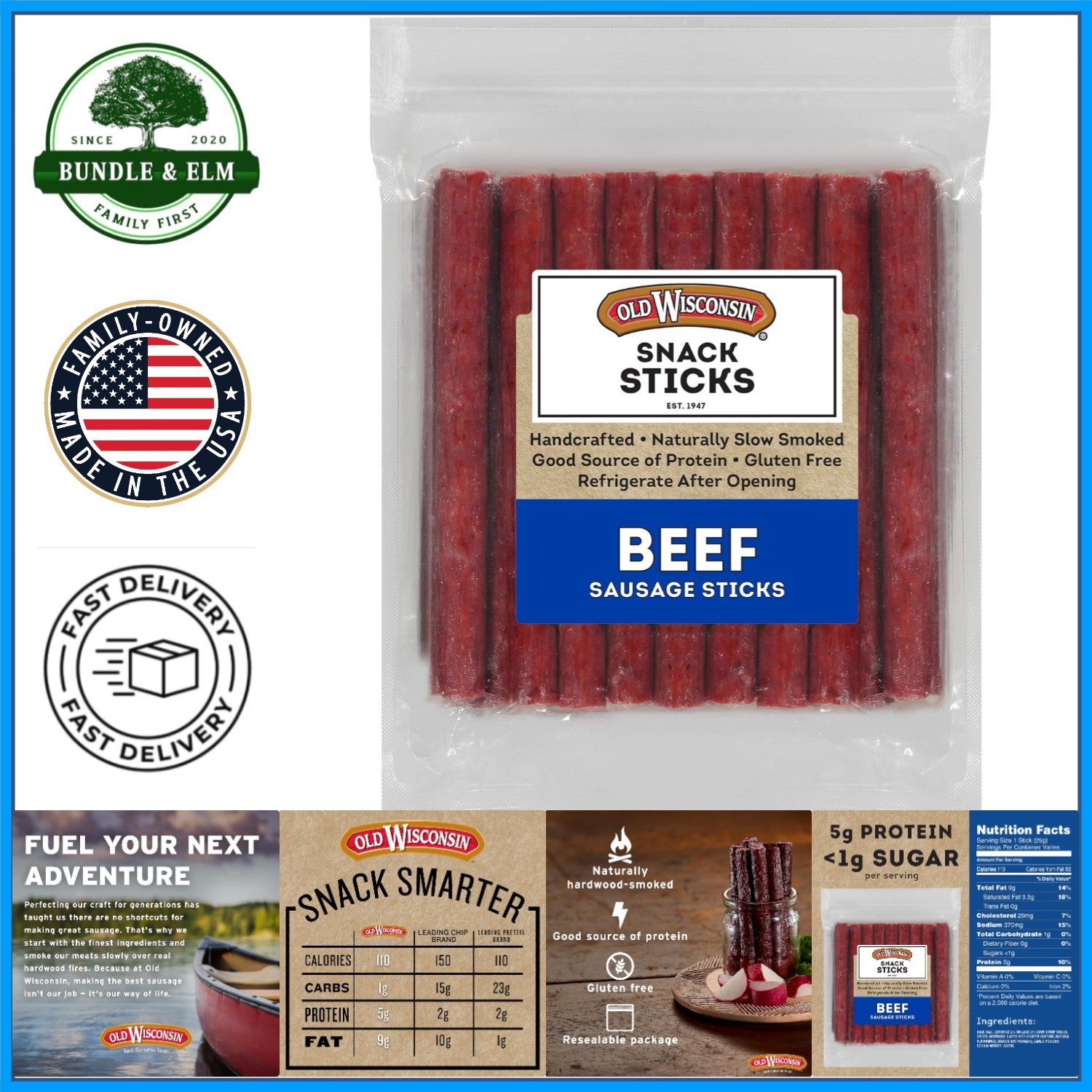 Beef Sausage Snack Sticks, Naturally Smoked, High Protein, Low Carb, Gluten Free