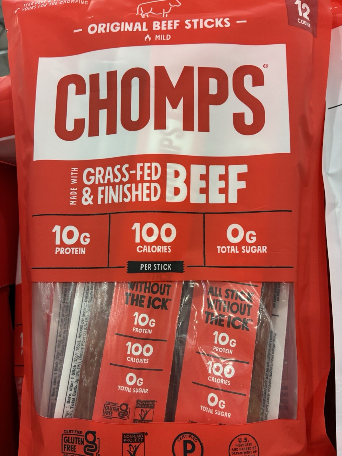 CHOMPS Original Beef Sticks Mild Grass-Fed & Finished 12 Pack Pantry Jerky X2