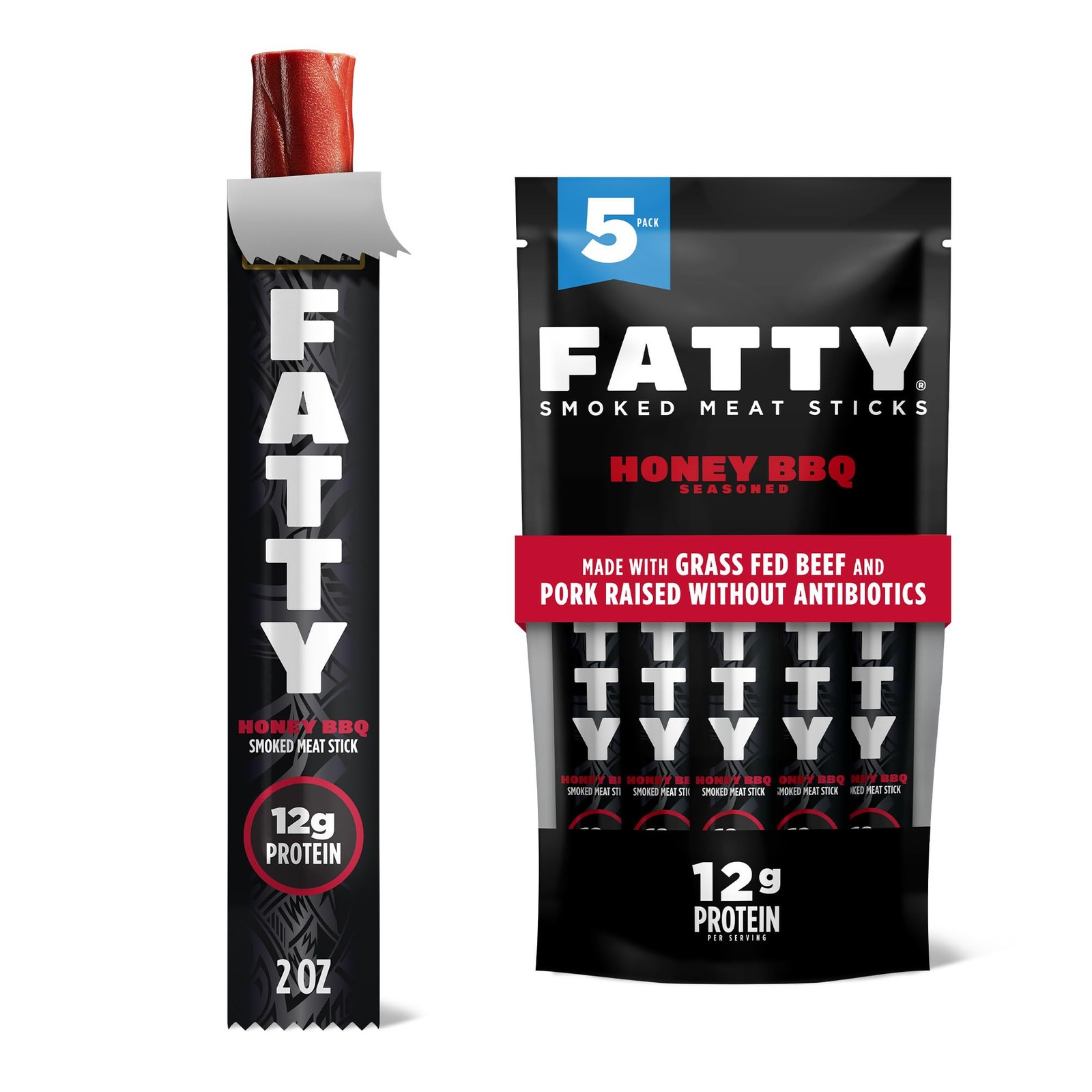FATTY Meat Jerky Sticks, Honey BBQ, 2 oz. (5-pk) 2 Ounce (Pack of 5)
