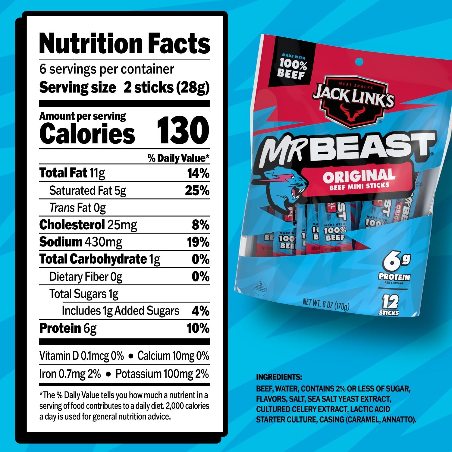 High Protein Mini Beef Sticks MrBeast 12 Pack Flavor