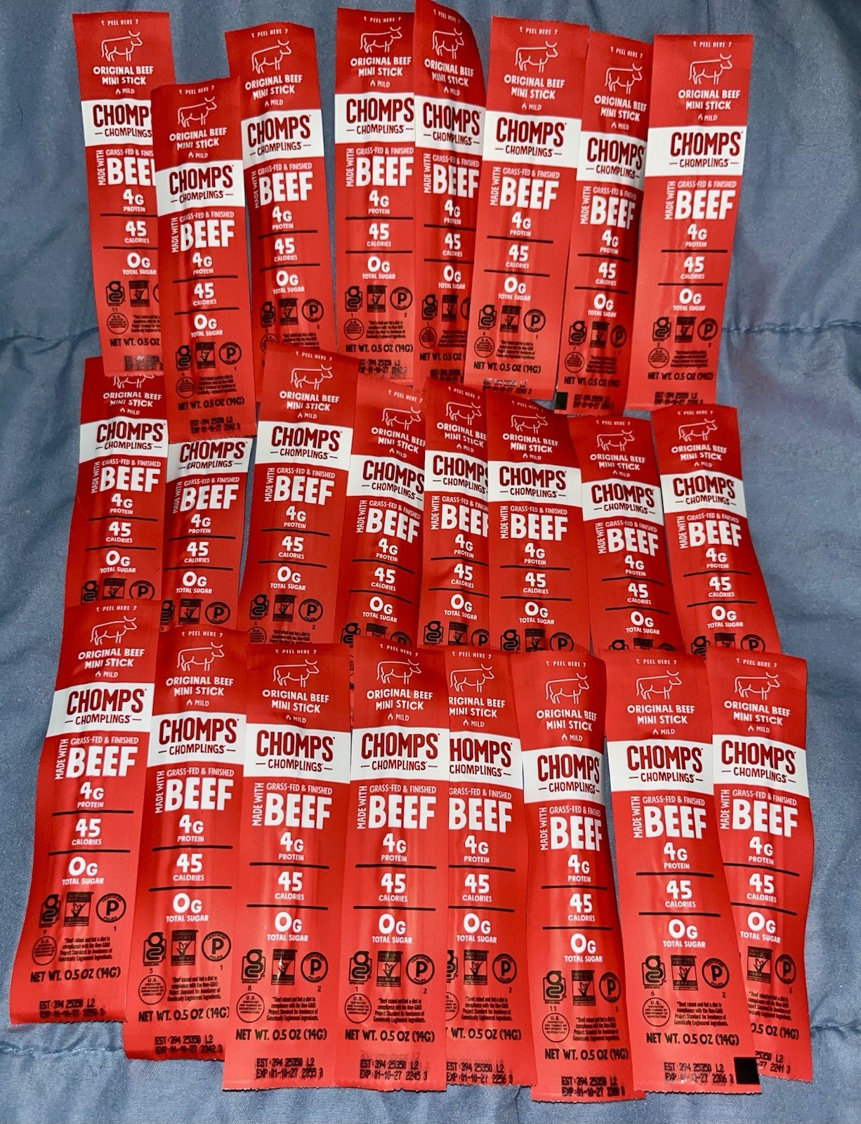 24 Chomps Chomplings Mini Beef Sticks Grass Fed 0g Sugar 45 calories Exp 1/10/27