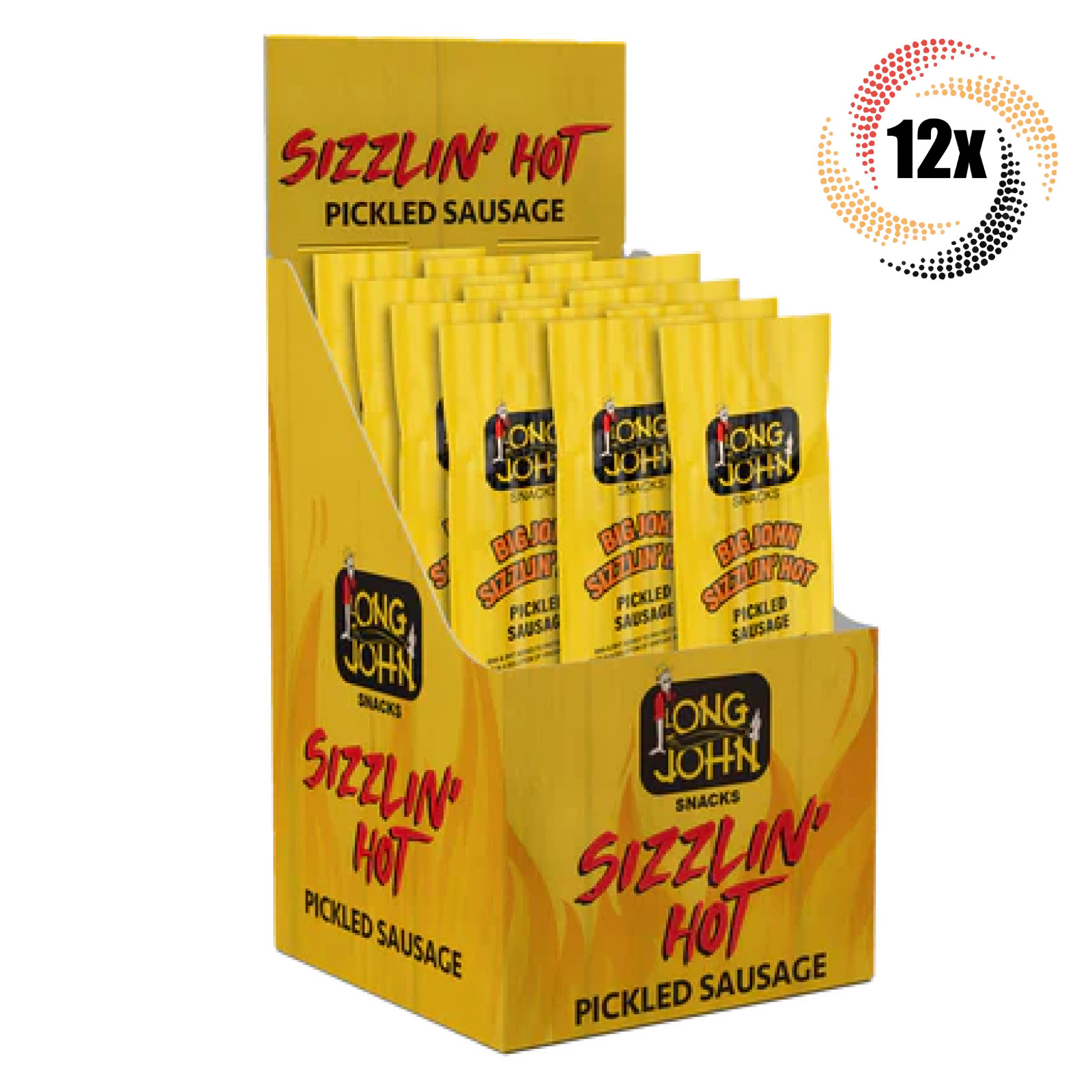 Full Box 12x Stick Long John Big John Sizzlin’ Hot Pickled Spicy Sausage | 1.4oz