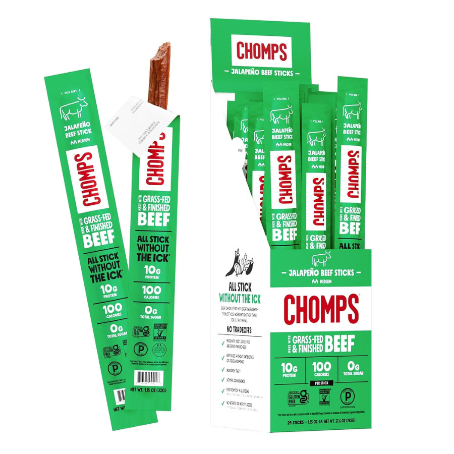 Chomps Jalapeño Beef Jerky Snack Sticks – Keto, 10g Protein, 0g Sugar, 24 Pack