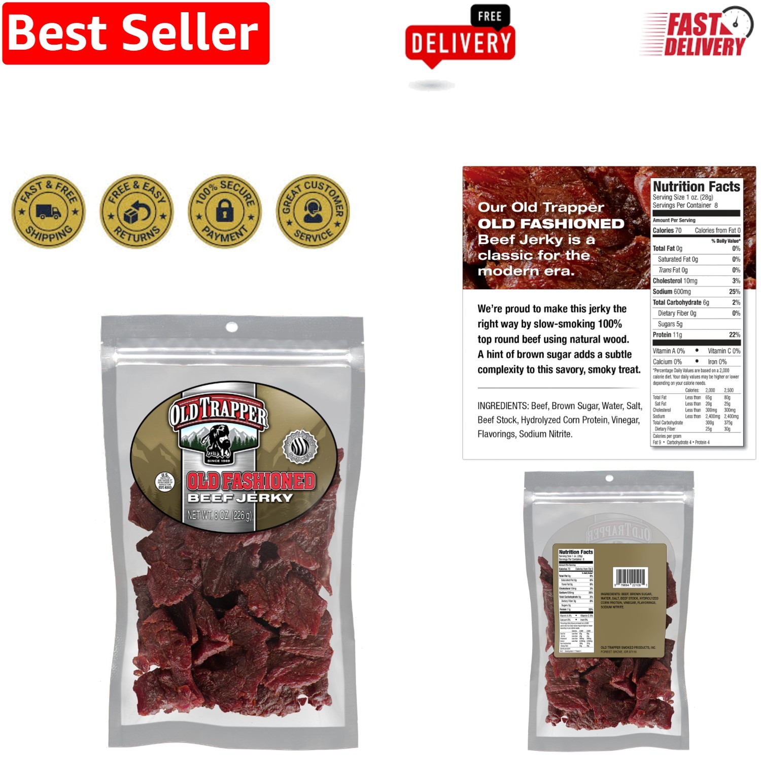 Old-Fashioned Beef Jerky, 8 Ounce – High Protein, Low Fat Snack for Adults