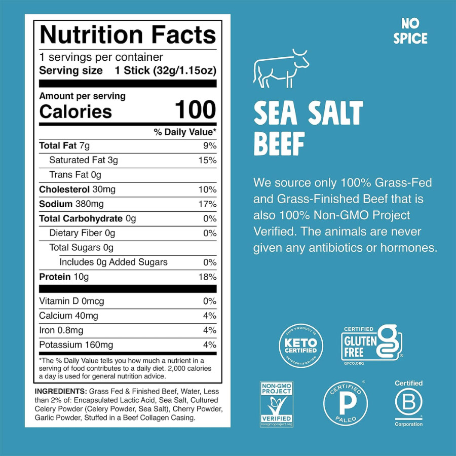 Chomps Sea Salt Beef Jerky Snack Sticks – Gluten-Free, Zero Sugar Food, 24 Pack