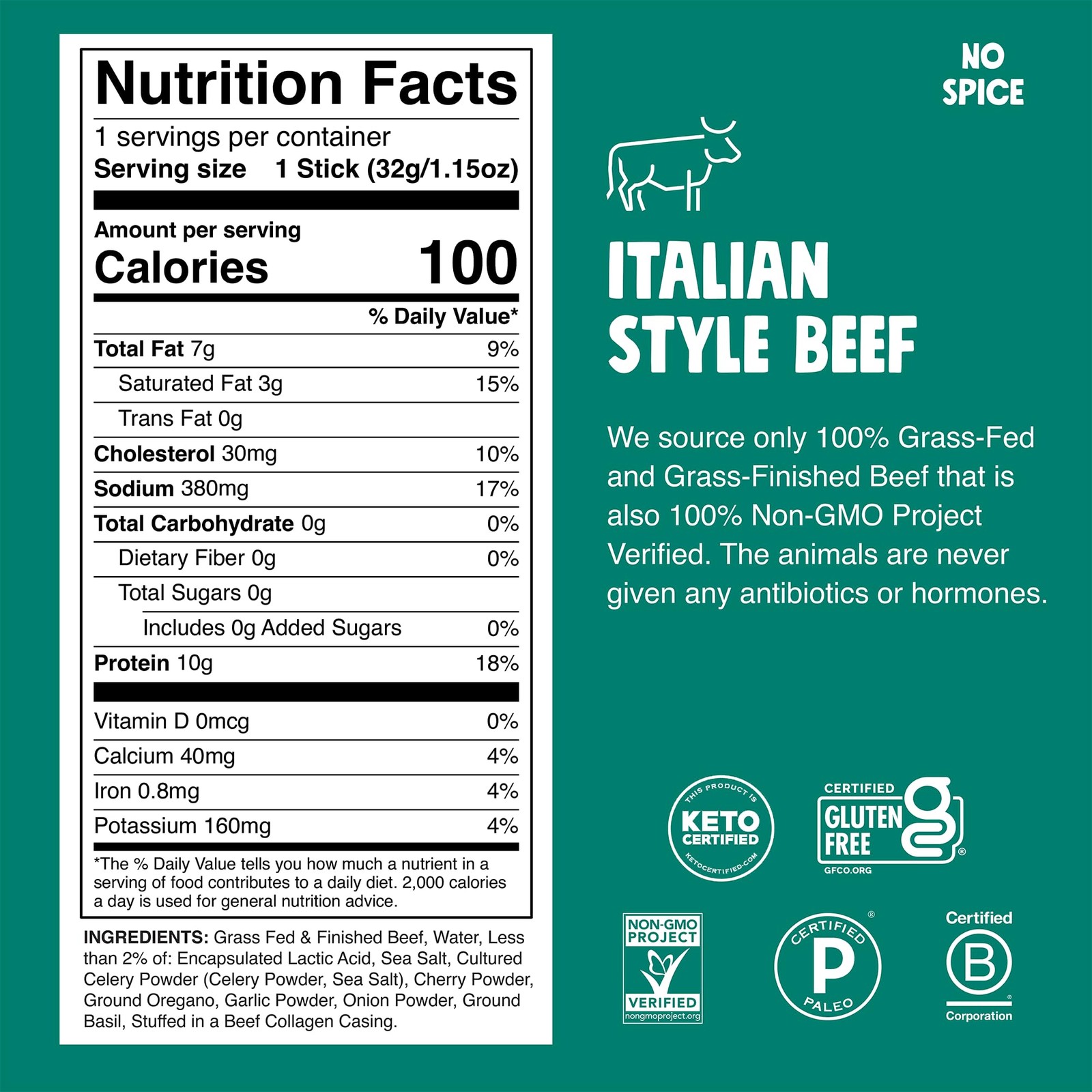Beef Jerky Snack Sticks 10ct, Grass-Fed Italian Flavor – Keto, AIP Compliant