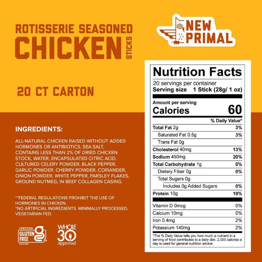 New Primal Rotisserie Chicken Sticks – Zero Sugar High Protein Snack, 20 Sticks