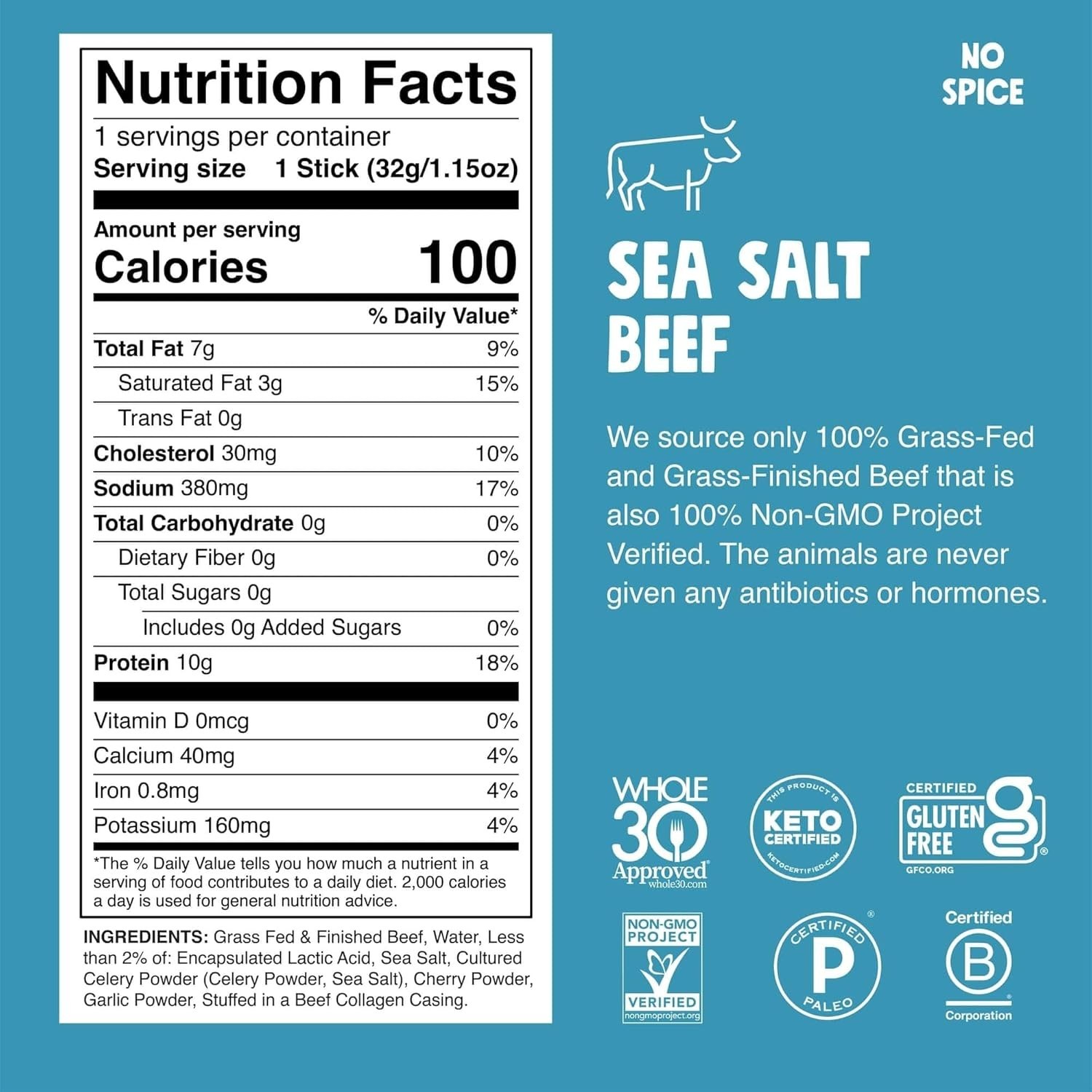 Nourishing Sea Salt Beef Jerky Sticks, Gluten Free & Low Carb, 1.15 Oz Each