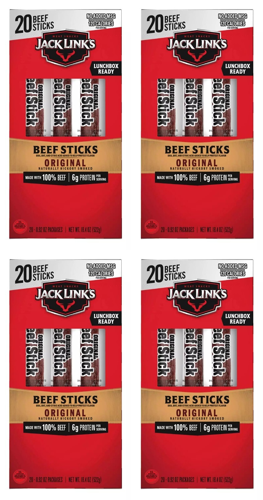 4 PK Jack Link’s Beef Sticks Original 0.92 Ounce 6g Protein Snack 100% Beef 20CT