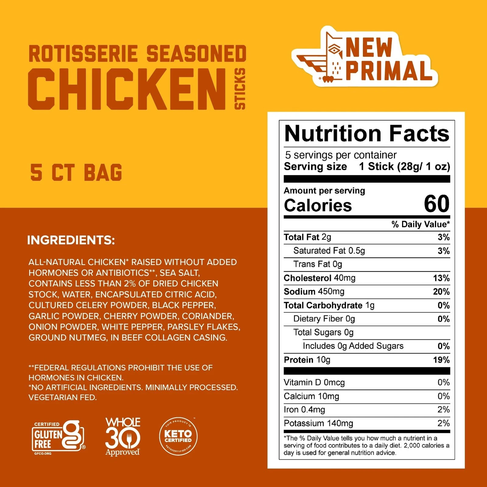 Primal Rotisserie Chicken Sticks, 0 Sugar High Protein Snack Gluten Free 10ct