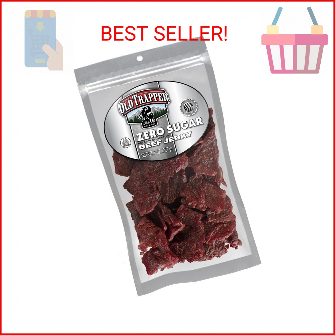 Old Trapper Zero Sugar Beef Jerky, Eight-Ounce Individual Package, Natural Wood