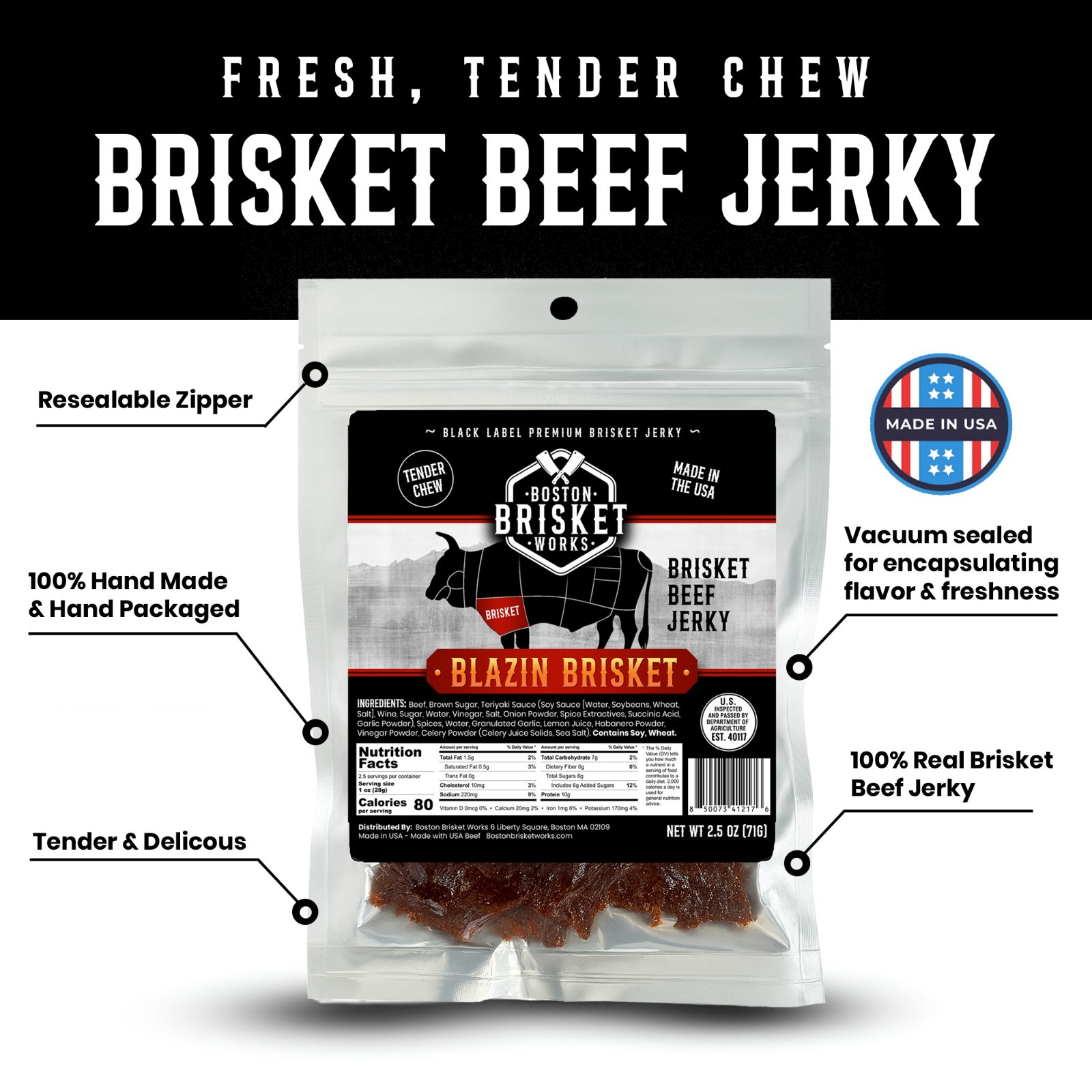 BEEF BRISKET JERKY – Blazin’ Brisket Spicy Flavor – USA Beef – Fast Shipping