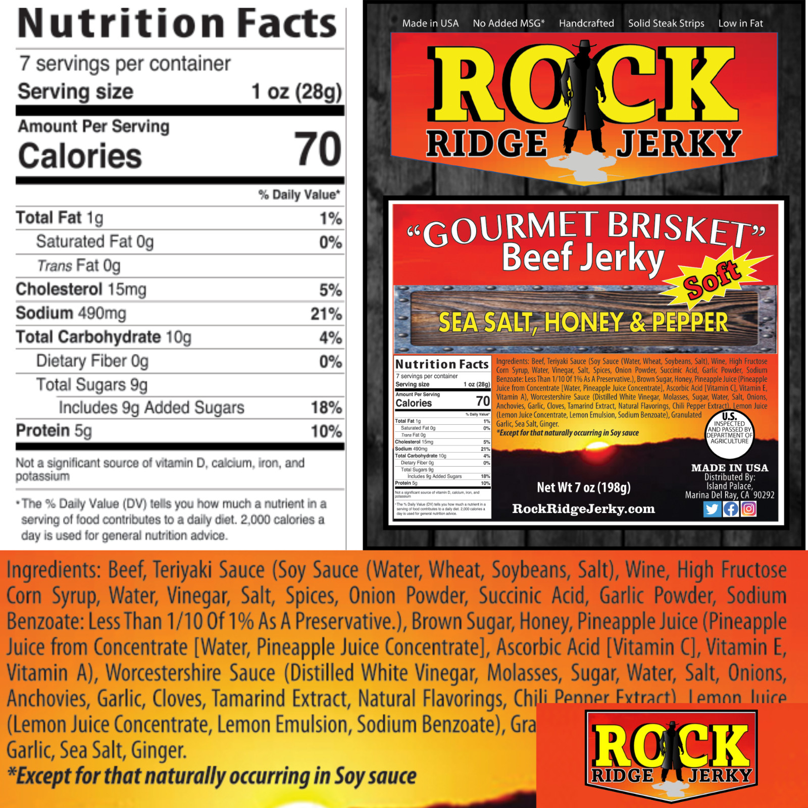 SEA SALT, HONEY and PEPPER Brisket beef jerky Big 7oz.bag FRESH smoked weekly