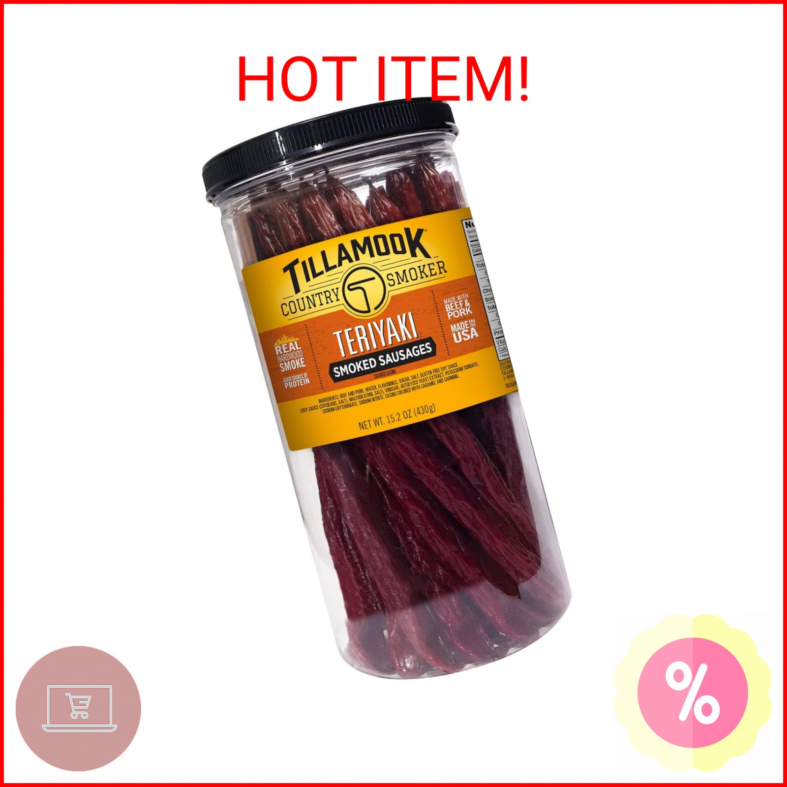 Tillamook Country Smoker Real Hardwood Smoked Sausages, Teriyaki, 15.2 Ounce Tal
