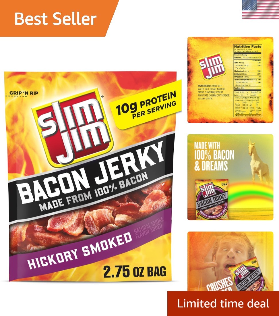 Smoked Bacon Jerky, Hickory Flavor, 10g Protein Per Serving, 2.75 oz. 1 Count