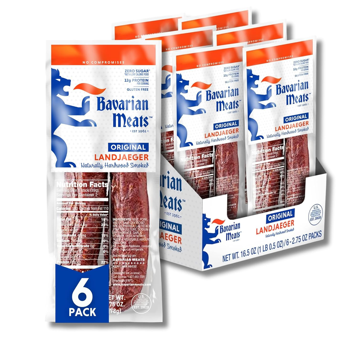 Landjaeger Meat Sticks, Smoked Sausage Protein Snacks, Zero Sugar, Great Source