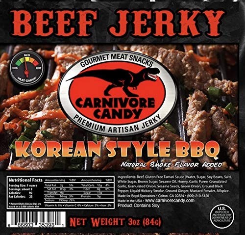 Carnivore Candy Beef Jerky 3 Pack (Three 3oz Bags) (Korean Barbecue)