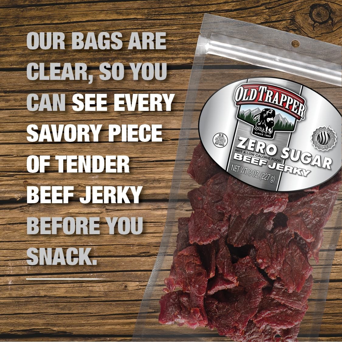 Old Trapper Zero Sugar Beef Jerky, Eight-Ounce Individual Package, Natural Wood