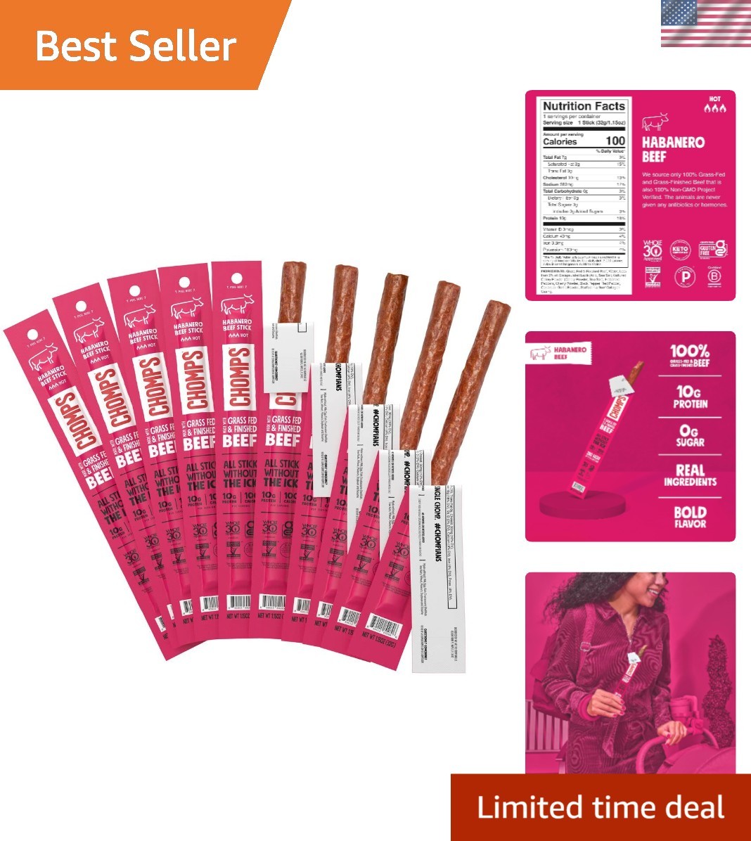 10-Pack Grass-Fed Habanero Beef Jerky Sticks – High Protein, Low Calorie Treats