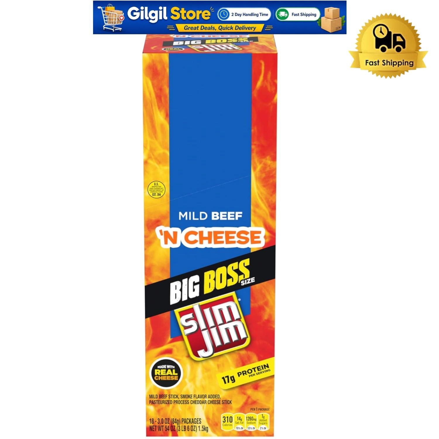 Big Boss 2X Beef ‘N Cheese Sticks – 18 Count, Mild Flavor for Protein Boost