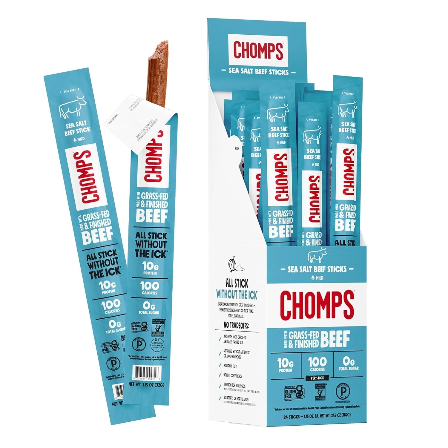 CHOMPS Grass Fed Sea Salt Beef Jerky Snack Sticks, Keto, Whole30, Paleo, Glut…