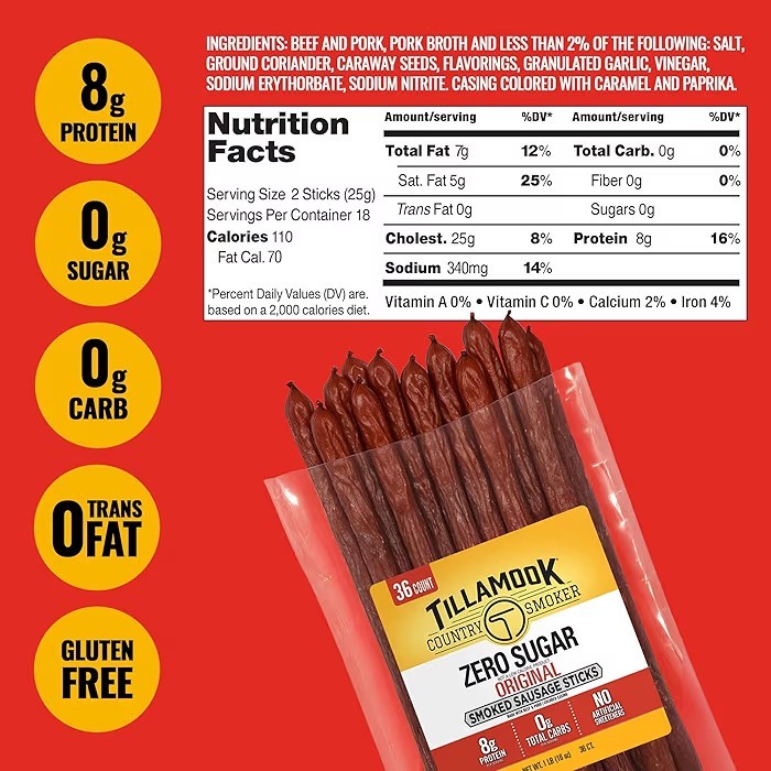 Tillamook Country Smoker – Hunter’s Sausage Meat Sticks 36 ct Bulk-USA