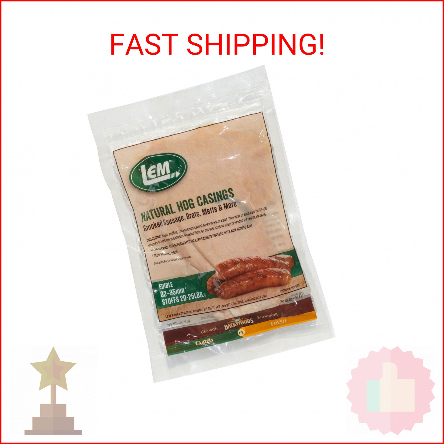 LEM Products Natural Hog Casings, 32–35mm Edible Sausage Casings for Sausage Lin