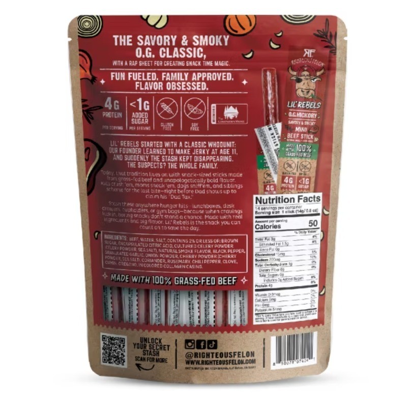 Righteous Felon Craft Jerky Lil Rebels OG Hickory Snack Meat Sticks – 7oz/14ct