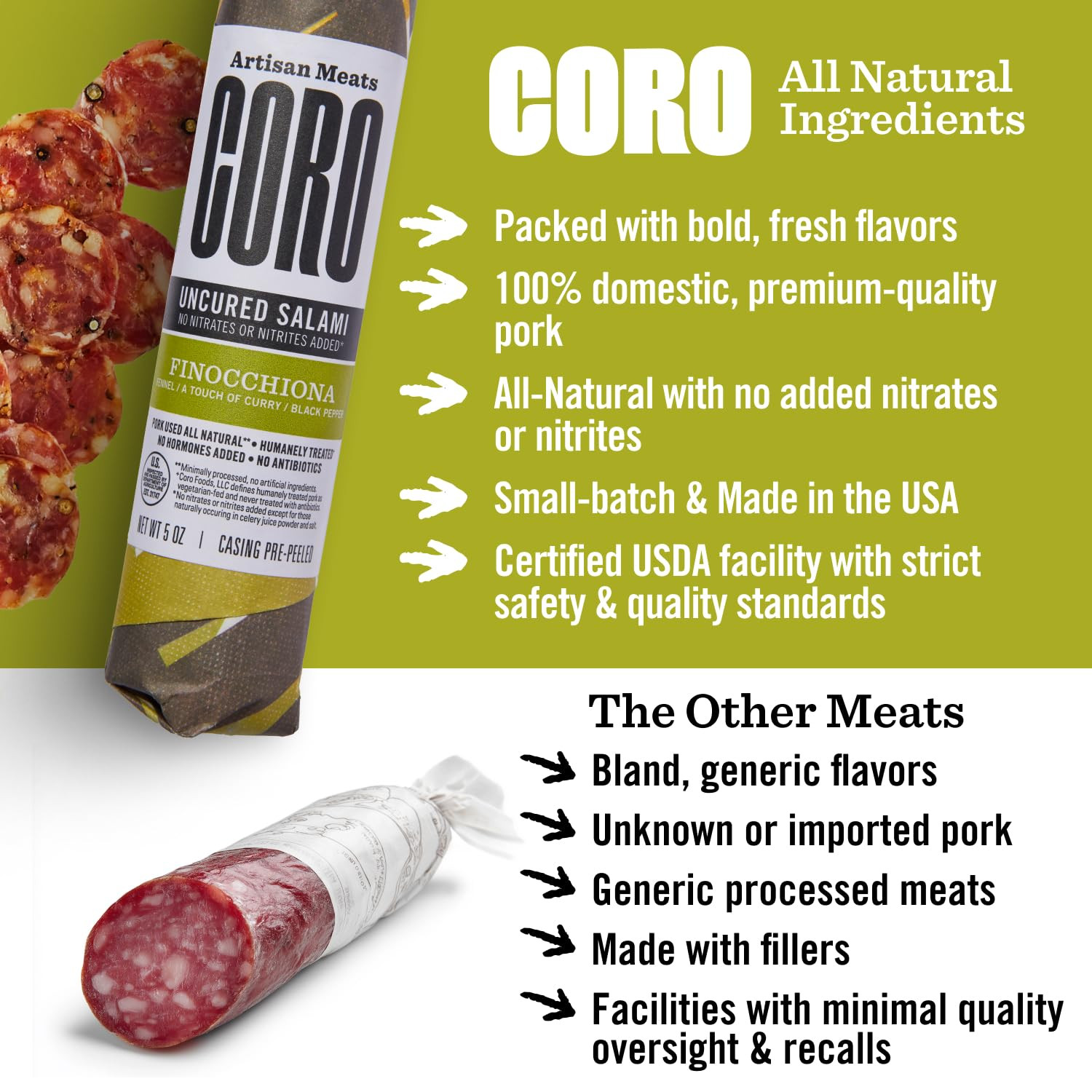Uncured Finocchiona Artisan Salami Stick – 5Oz | Fennel, Black Pepper & Curry |