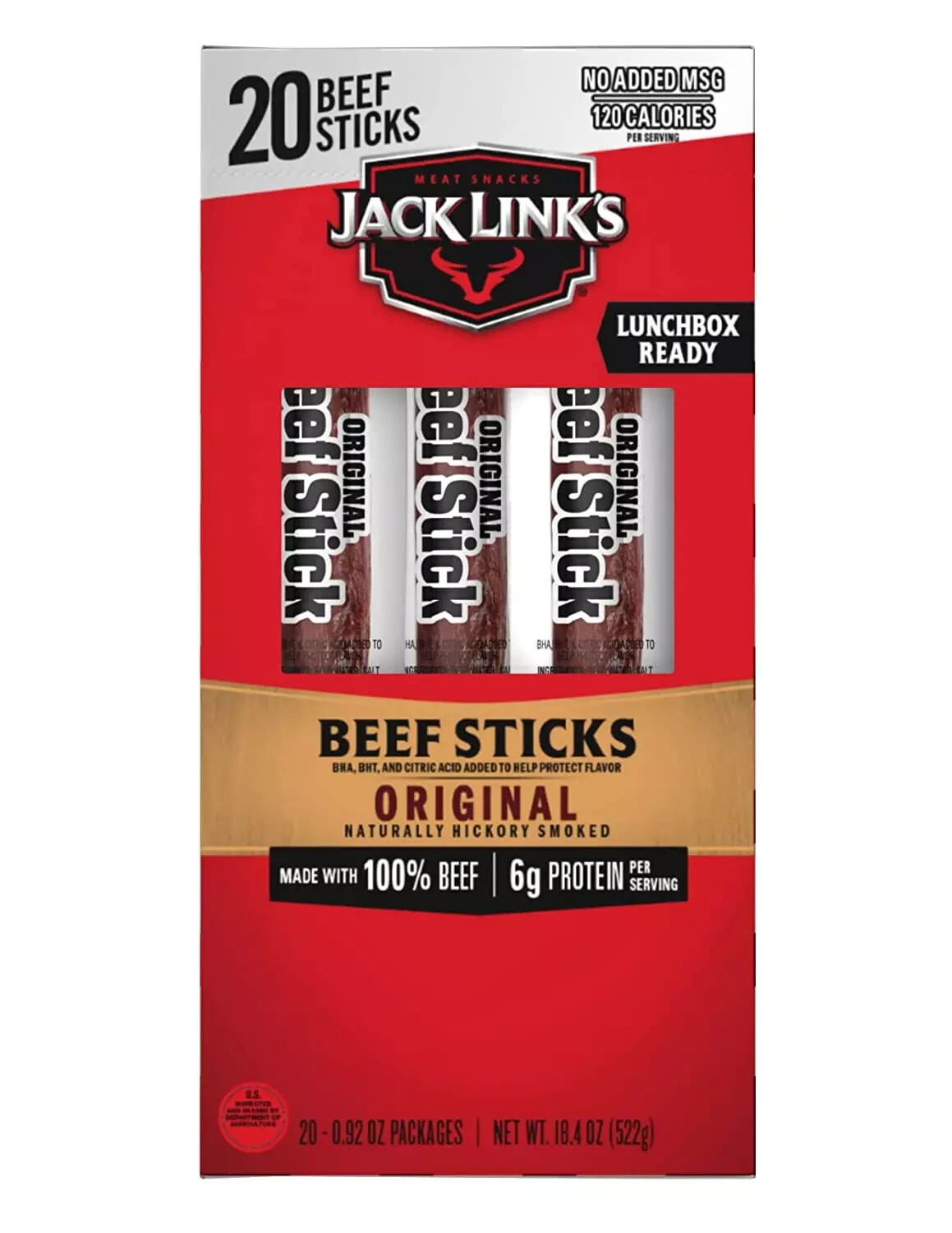 Jack Link’s Beef Sticks Original 0.92 Ounce 6g Protein Snack 100% Beef 20 Count