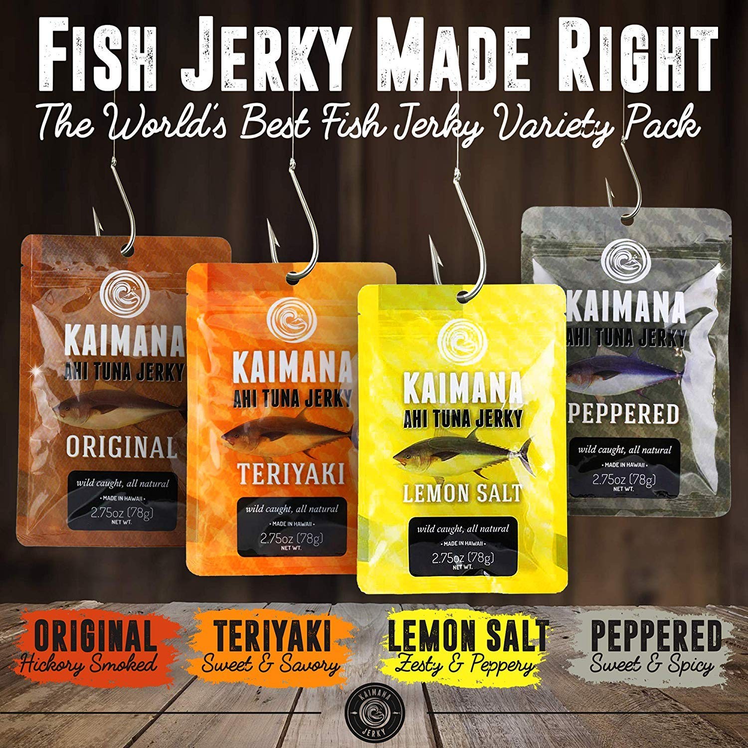 Kaimana Tuna Jerky Variety Pack 7 Flavors High Protein Omega-3 Snack USA..